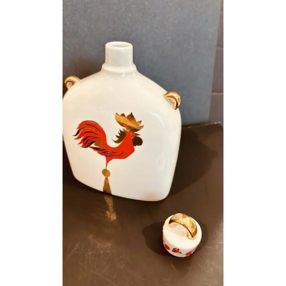 ￼ Vintage USSR Russian Porcelain Decanter Set Woman Holding Bird Rooster 2 Cups